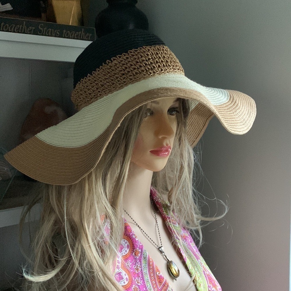 Floppy striped maxi‎ hat bohemian straw festive beach travel banded